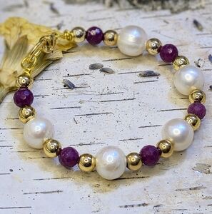 Genuine Red Ruby Stones & White Baroque Pearls In Classic Designed Bracelet